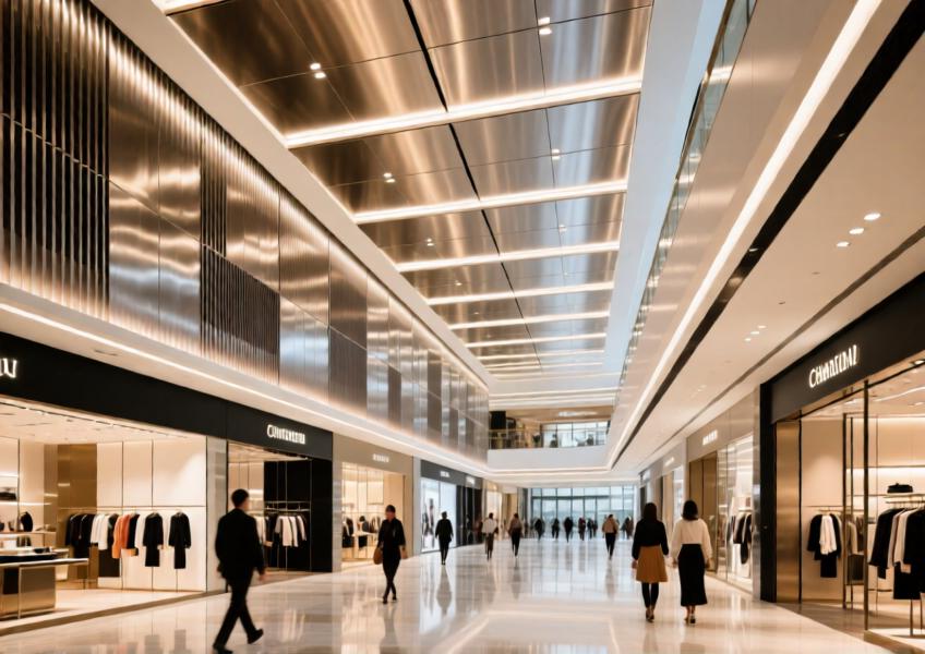 Commercial interior space in a luxury mall using brushed aluminum cladding to achieve aesthetic cohesion, acoustic performance, and fire safety in a high-end retail environment.