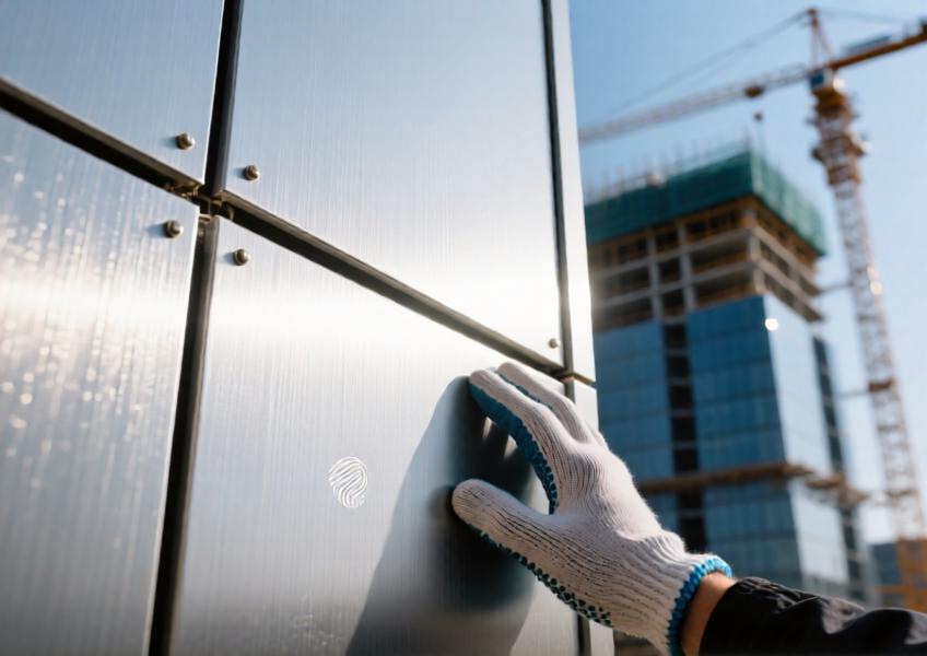 Detailed view of a brushed aluminum ACM panel highlighting its surface texture, durability, and seamless installation properties in real-world conditions.