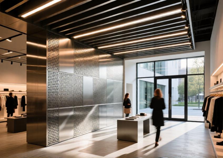 Commercial interior using metal cladding elements to maintain design continuity between exterior and interior, enhancing brand identity and spatial cohesion.
