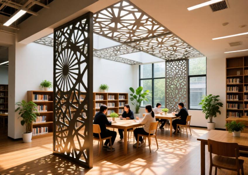Library interior featuring perforated steel cladding used as decorative screens, demonstrating its aesthetic and functional role in sustainable daylight design.