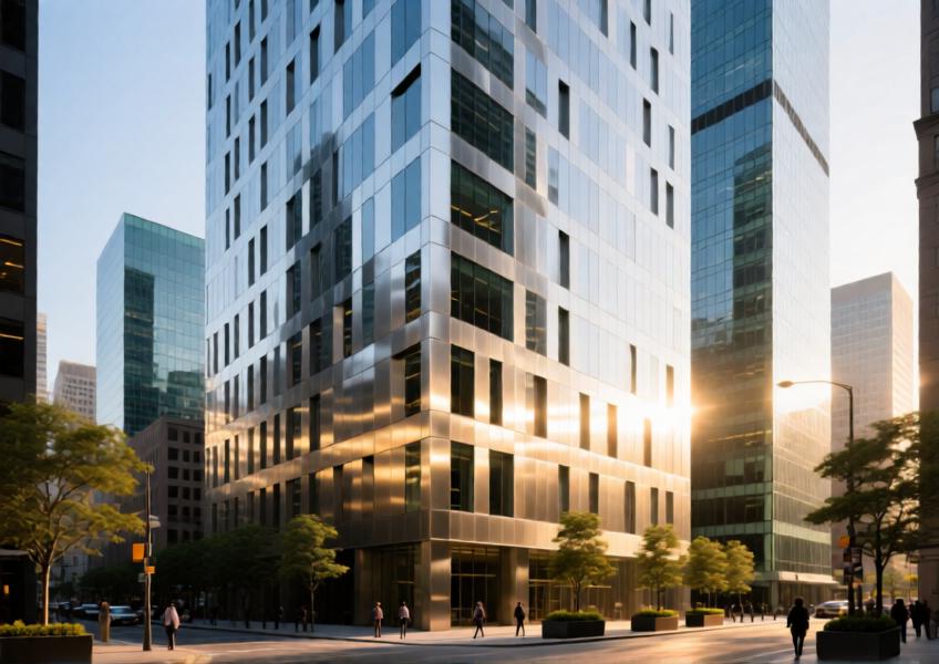 A realistic rendering of a commercial building showcasing aluminum panels on its exterior, emphasizing modern design and urban integration.