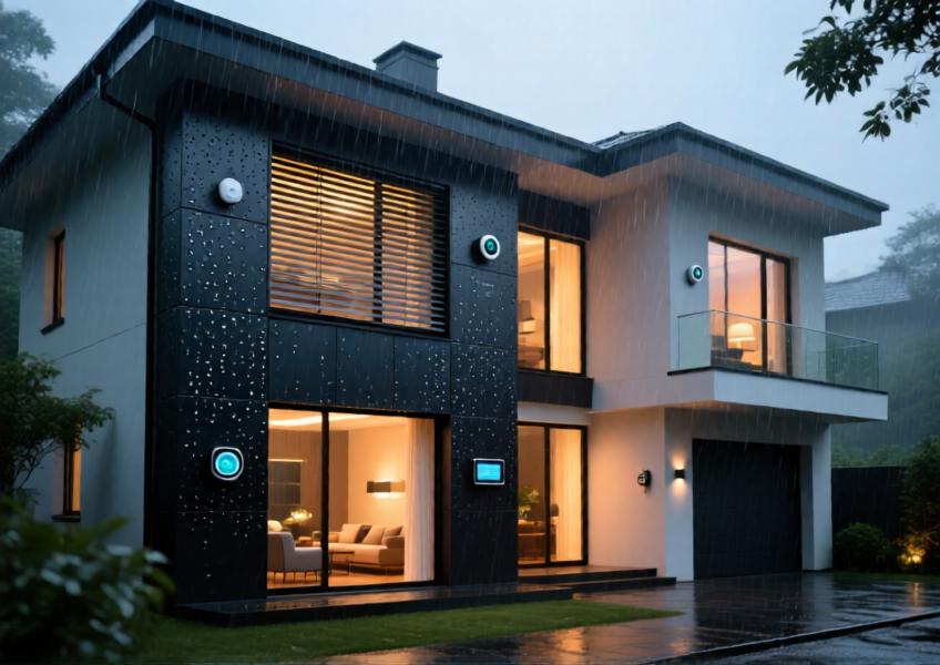 A luxury home featuring intelligent, climate-responsive cladding with self-cleaning and solar-adaptive technologies in action during a rainy evening.