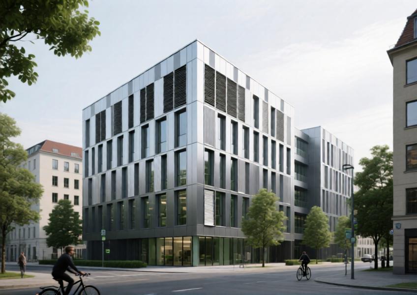 A sustainable office building in Berlin featuring a ventilated metal façade system, highlighting the environmental benefits and energy efficiency of modern metal cladding solutions in commercial architecture.