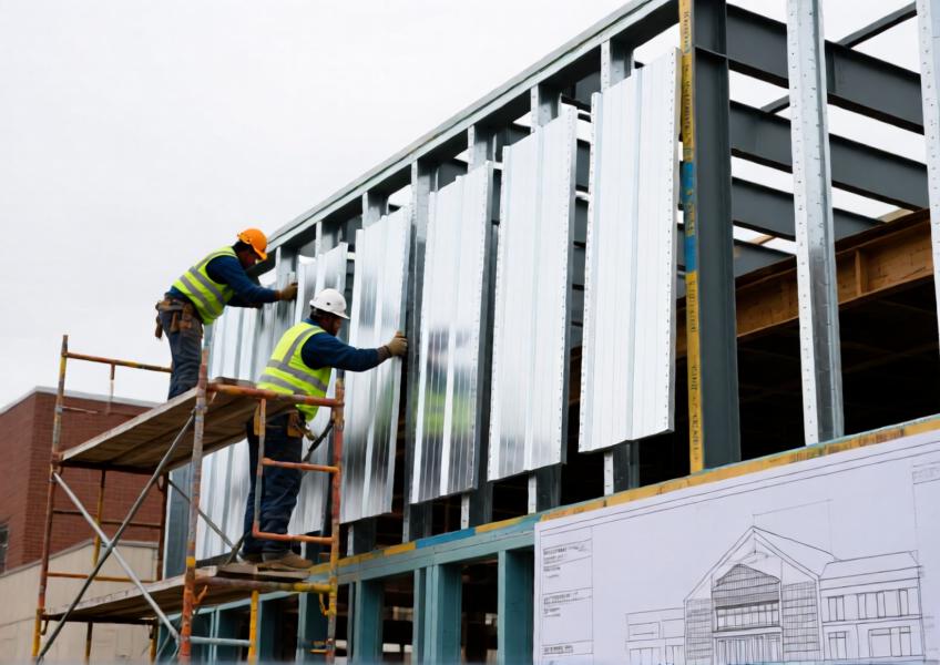 On-site installation of painted aluminum sheets, highlighting ease of handling, precision fit, and use in sustainable renovation projects.