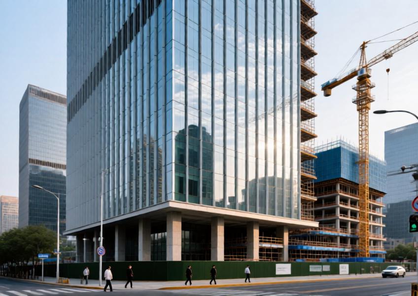 High-end commercial building in Beijing with a unitized curtain wall system, emphasizing modular design and urban context.