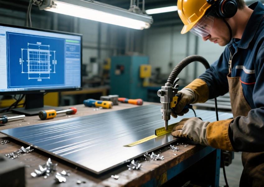 Detail of brushed aluminium sheet being precisely cut to size in a manufacturing setting, emphasizing craftsmanship and technical accuracy.