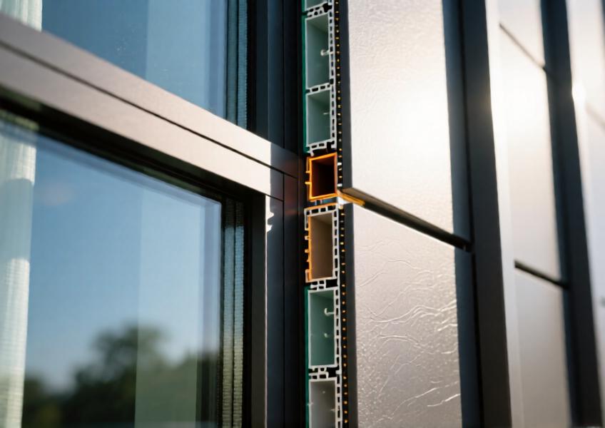 Detailed close-up of a commercial wall panel system demonstrating thermal break technology, material quality, and precision engineering for energy efficiency.