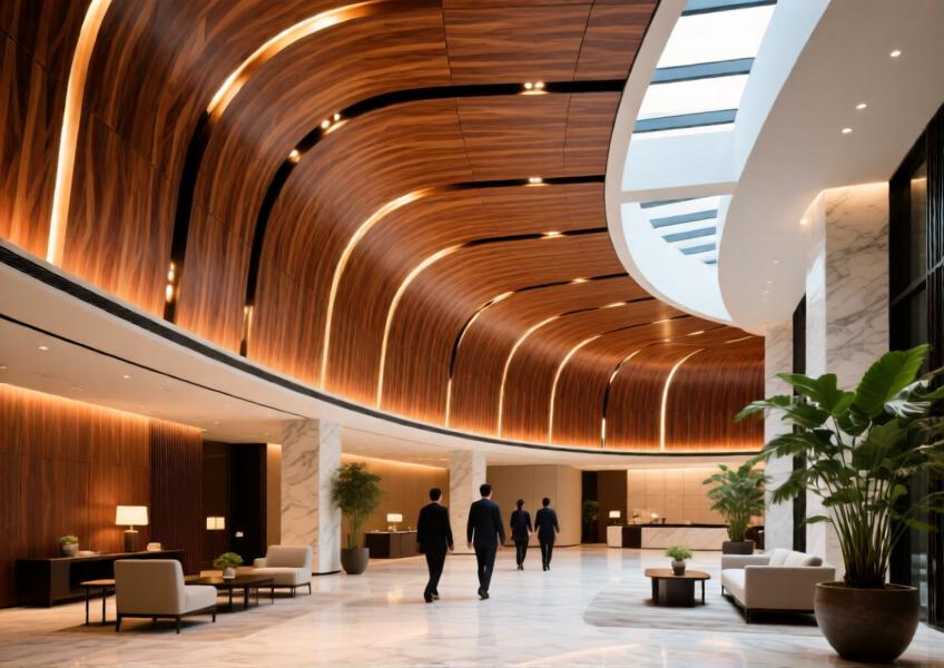 Interior shot of a luxury hotel lobby with a flowing wood aluminum panel ceiling, combining elegance and functionality in a high-end commercial space.