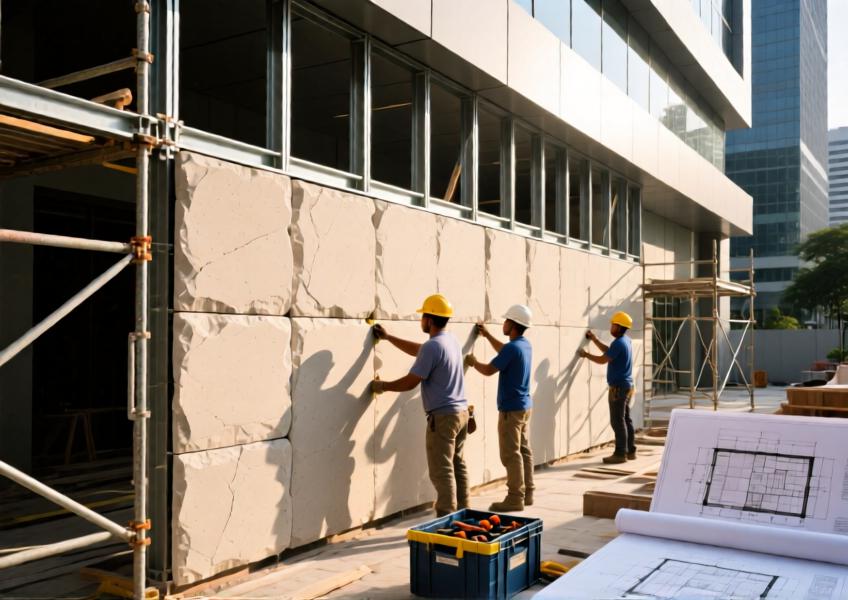 On-site installation of eco-friendly, modular cladding panels on a commercial building, highlighting ease of assembly and sustainable design.
