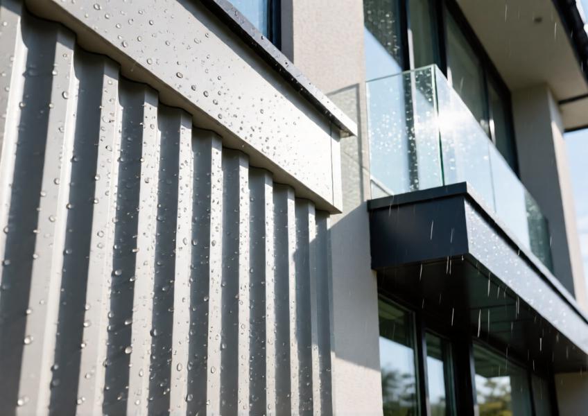 Detailed close-up of fluted fiber cement panels with realistic textures, showing weather performance and integration with high-end façade materials.