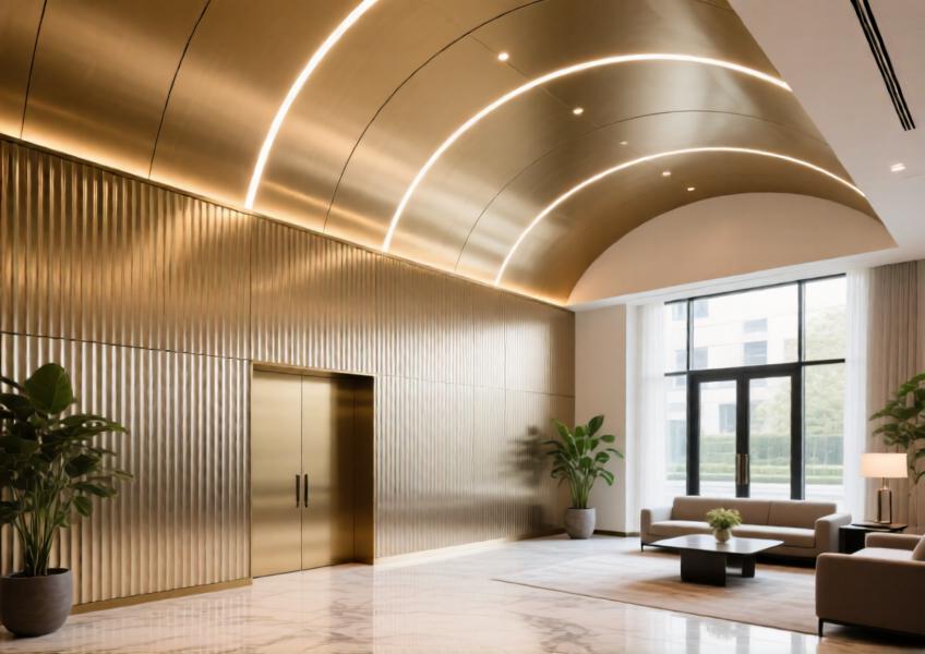Luxury hotel interior showcasing aluminium standing seam cladding on walls and ceiling with integrated lighting and premium finishes.