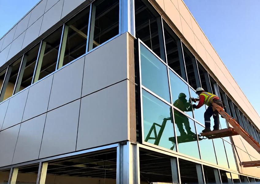 Detailed scene of exterior panel installation using a unitized curtain wall system, illustrating precision, safety, and modern construction techniques.