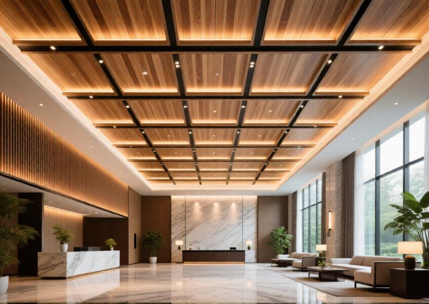 Interior view of a luxury hotel lobby showcasing wood look aluminum ceiling panels that combine aesthetic elegance with acoustic functionality.