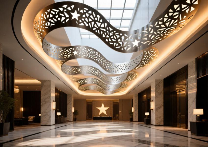 Luxury hotel atrium featuring a custom aluminium ceiling art installation combining functionality and artistic design.