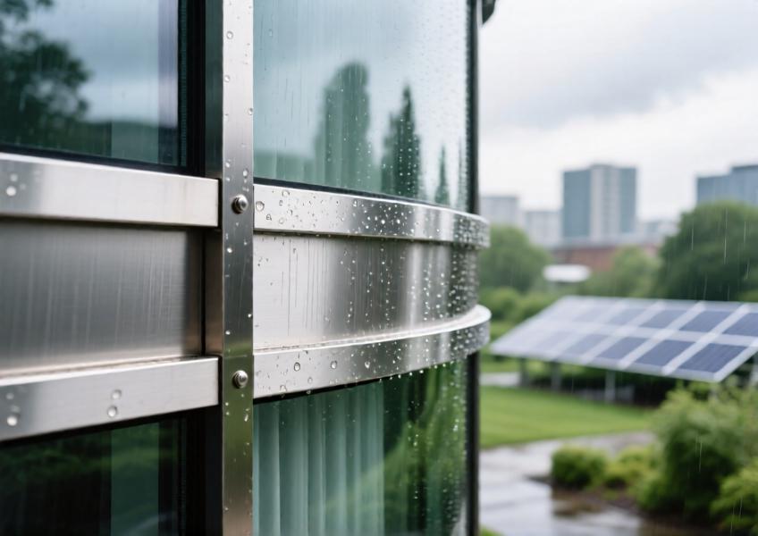 Detailed view of durable, curved stainless steel cladding demonstrating weather resistance and seamless integration in a sustainable architectural context.