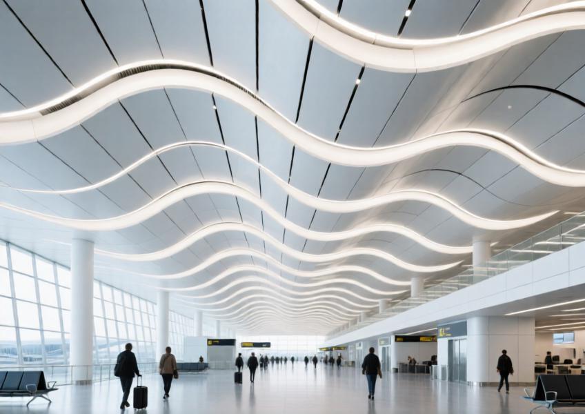 A dynamic ceiling design in a public transit hub using shaped painted aluminum sheets to create an aesthetically pleasing and functionally optimized space.