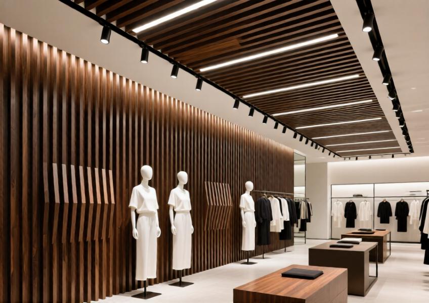 Retail boutique with teak-finish aluminum wood look slats arranged in a geometric pattern on walls and ceiling.