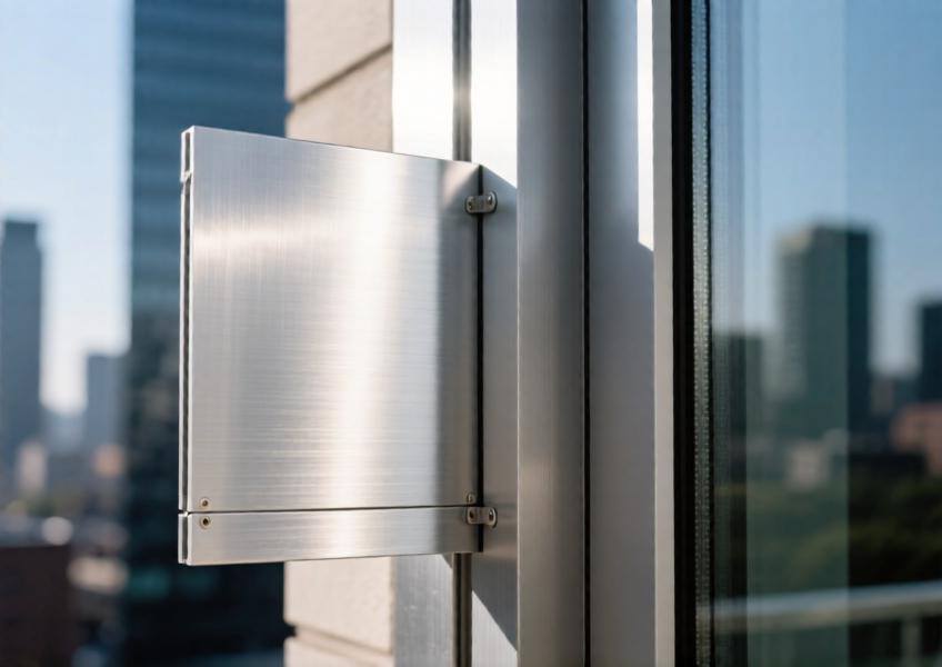 Detailed view of an aluminum flat plate in a curtain wall application, emphasizing material texture, precision installation, and performance characteristics like reflectivity and durability.