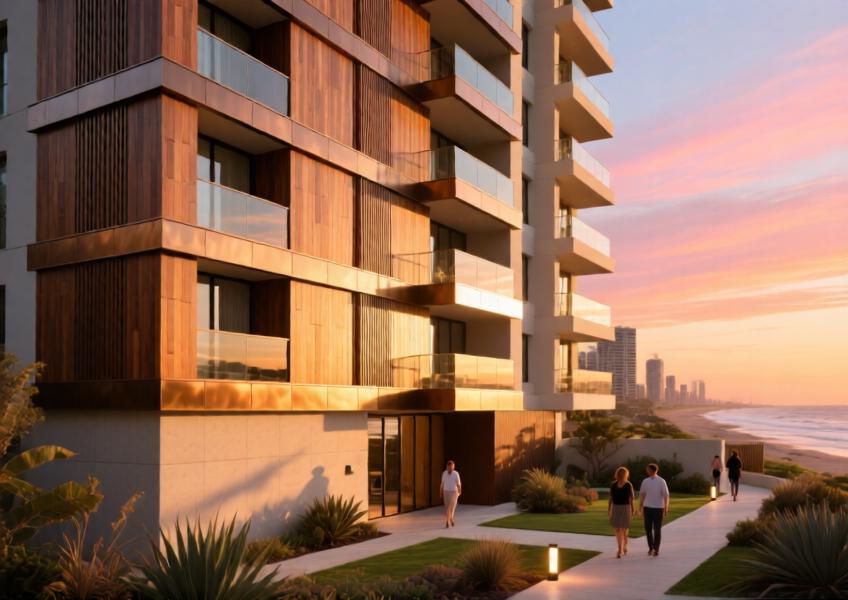 A high-end residential building at sunset, showcasing a sophisticated blend of natural-inspired cladding materials that reflect luxury, comfort, and environmental harmony.