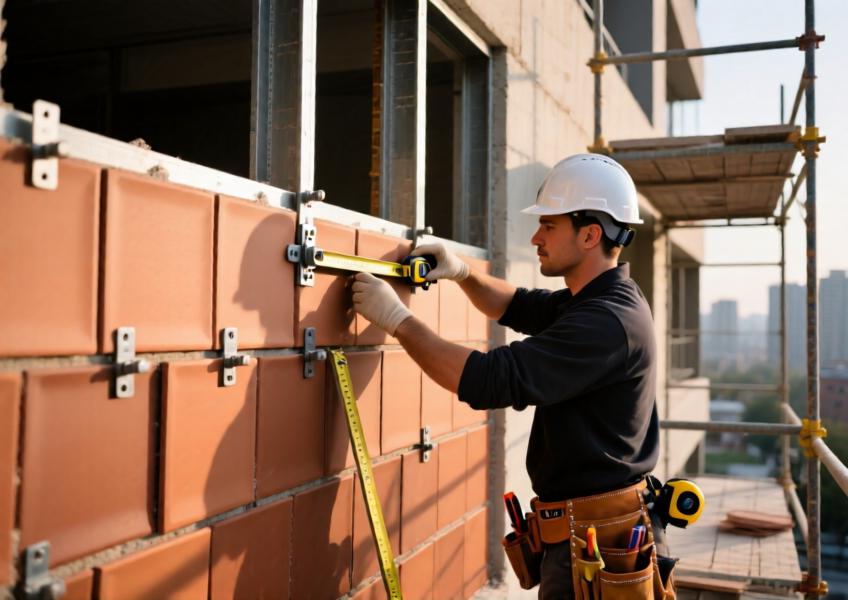 Detailed view of precision cladding installation using bespoke terracotta panels, highlighting craftsmanship and material uniqueness.