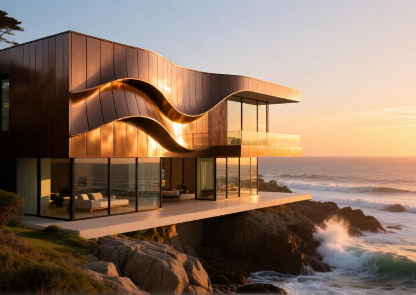 High-end residential villa with curved aluminium facade panels designed to mimic ocean waves, captured during golden hour to emphasize material elegance and environmental integration.