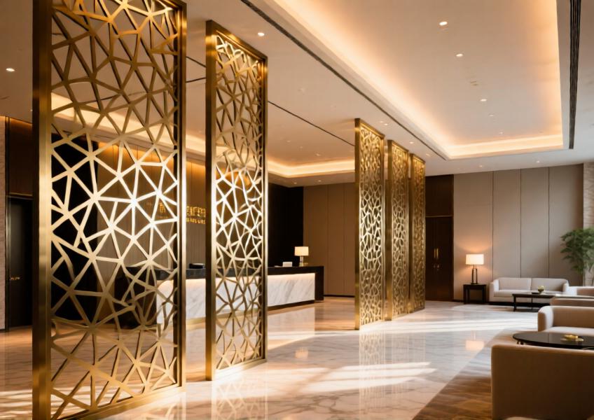 Interior scene of a Beijing luxury hotel showcasing decorative aluminum cladding used as light-diffusing partitions in a modern, elegant lobby setting.