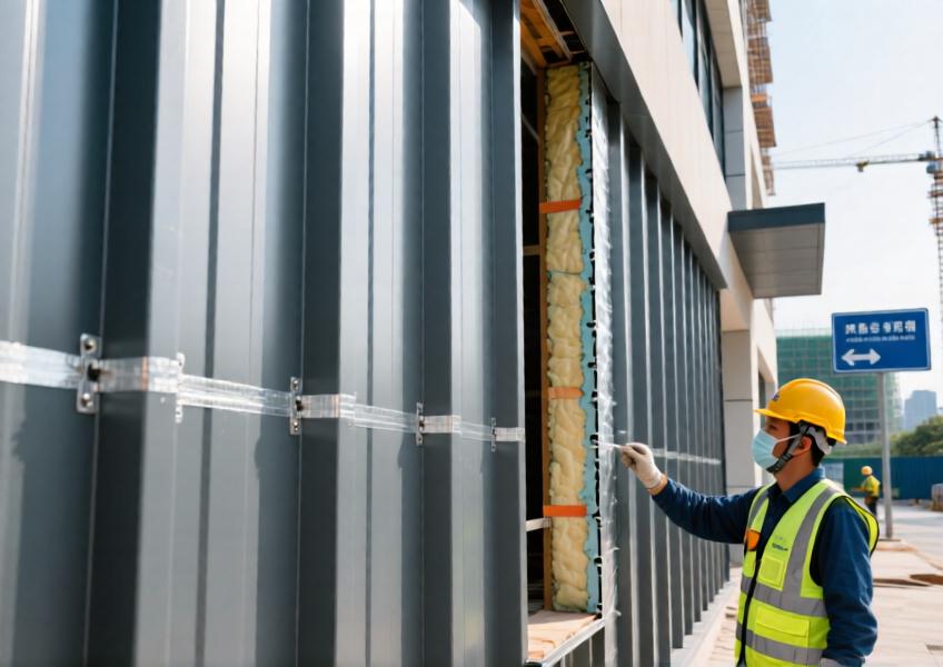 Detailed view of thermally optimized metal cladding panels with insulation layers, demonstrating energy-efficient construction in a recent Guangzhou mixed-use development.