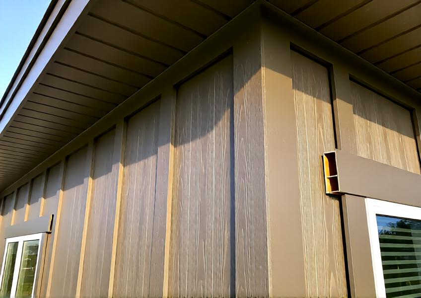 A detailed close-up of fiber cement siding panels highlighting texture, material quality, and modular installation for a realistic technical illustration.