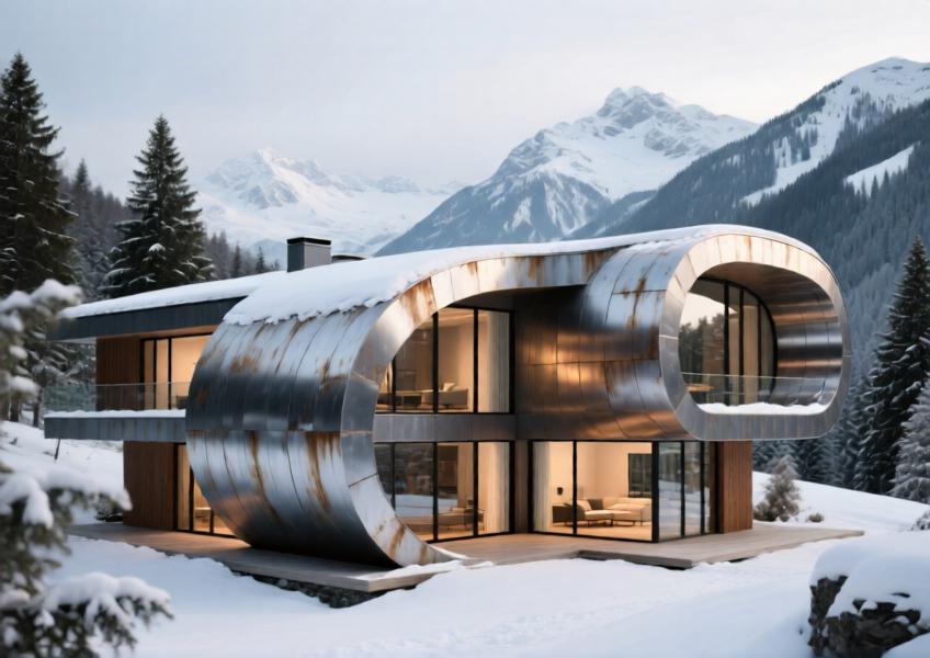 A high-end alpine villa using curved steel cladding to echo natural topography, demonstrating the integration of metal exteriors in luxury residential design.