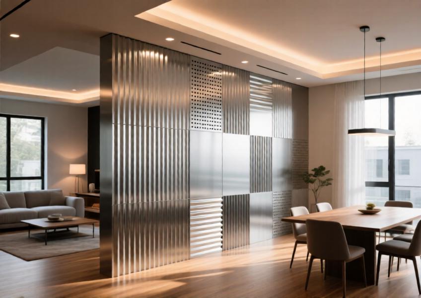 Residential interior using textured and perforated aluminum fluted panels as a decorative room divider, highlighting their adaptability and aesthetic appeal in高端 home design.