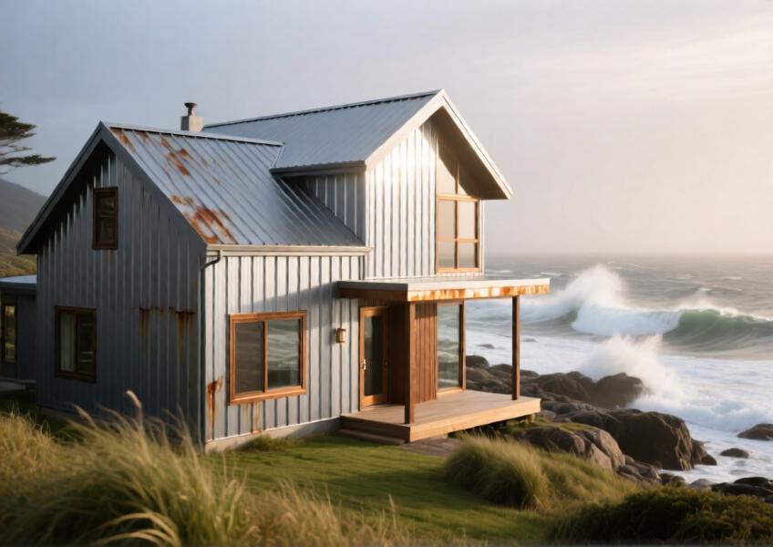 Durable metal-clad home on a coastline, demonstrating resistance to harsh marine environments and integration with coastal architecture.