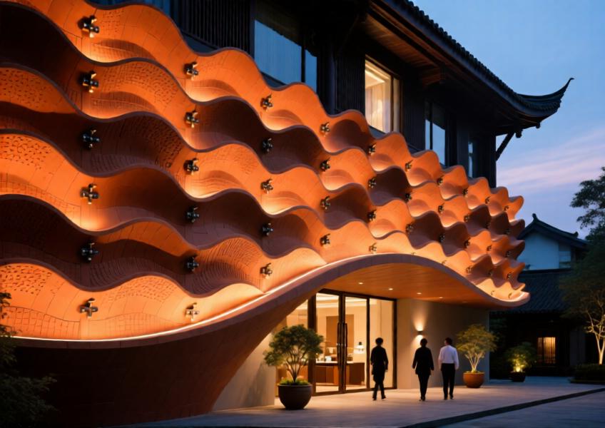 Boutique hotel in Chengdu with custom undulating terracotta cladding, highlighting design complexity and artistic architectural expression.