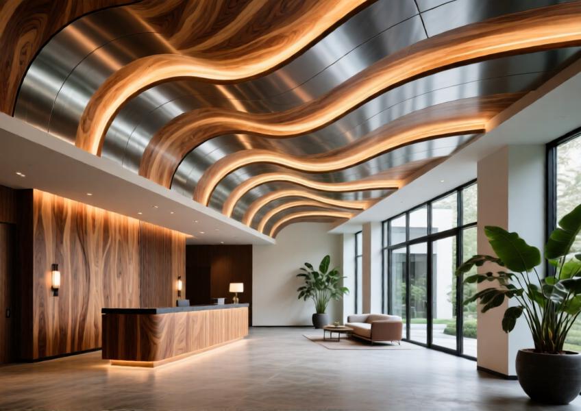 Interior ceiling application of aluminum cladding with wood finish in a premium residential or hospitality space, showcasing design flexibility and elegant texture.