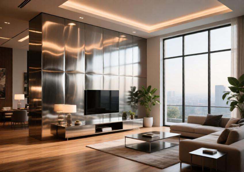 A high-end residential interior with metal-clad feature walls enhancing modern aesthetics and spatial perception.