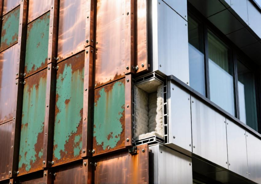 A detailed close-up of a multi-material metal cladding system, illustrating durability, construction layers, and the natural aging process of different metals.