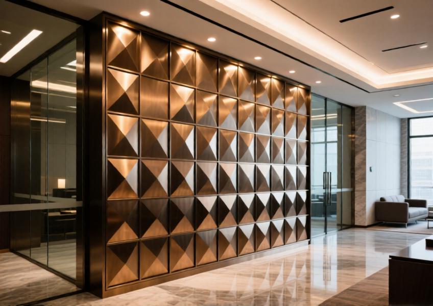 Interior view of a high-end commercial space highlighting metal cladding as a design element in a lobby feature wall.