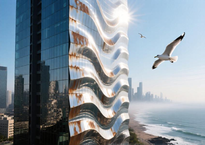 Coastal skyscraper with wave-patterned steel cladding, demonstrating resilience and visual impact in a challenging environment.