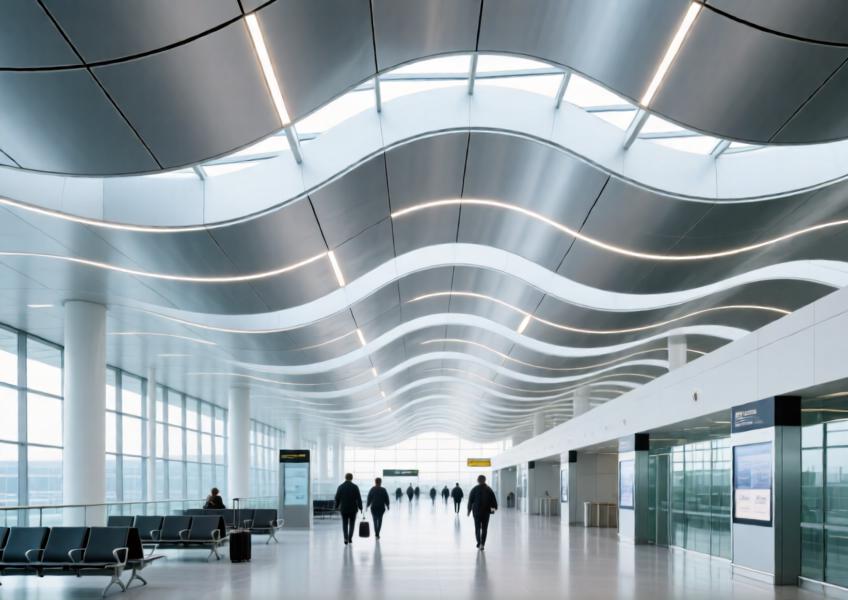 Interior view of an airport with sculptural aluminum ceiling panels combining form, light, and functionality.