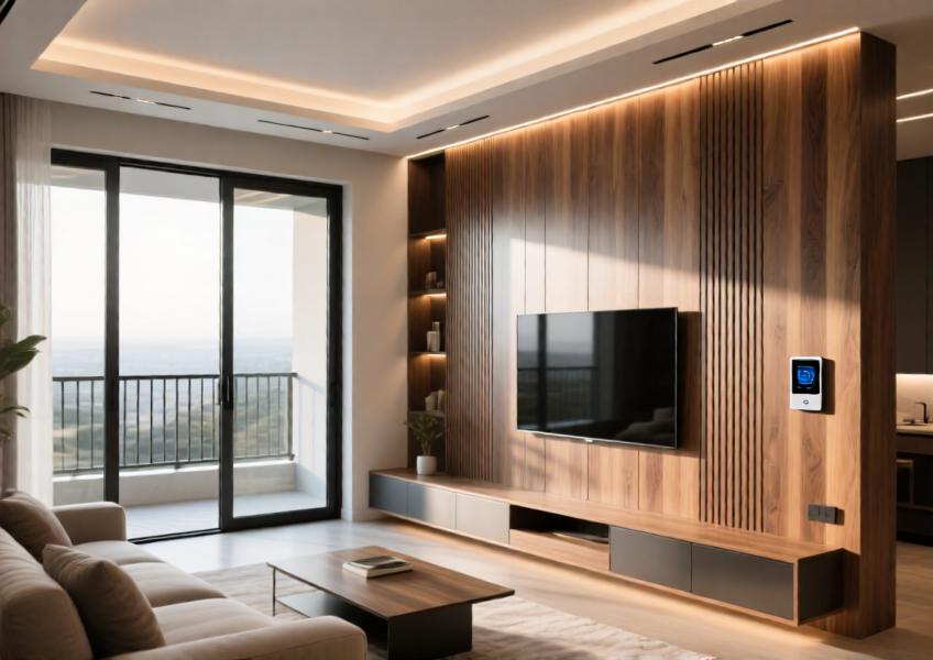 A high-end residential living space using aluminum wood cladding for interior accent walls and smart integration.