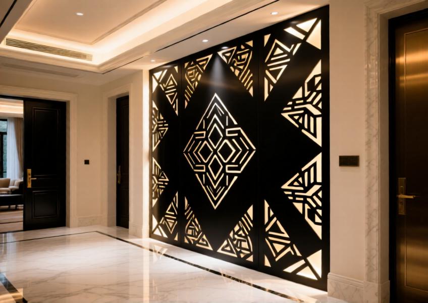 Interior shot of a high-end residential space using illuminated, patterned black dibond panels to create a striking visual centerpiece.