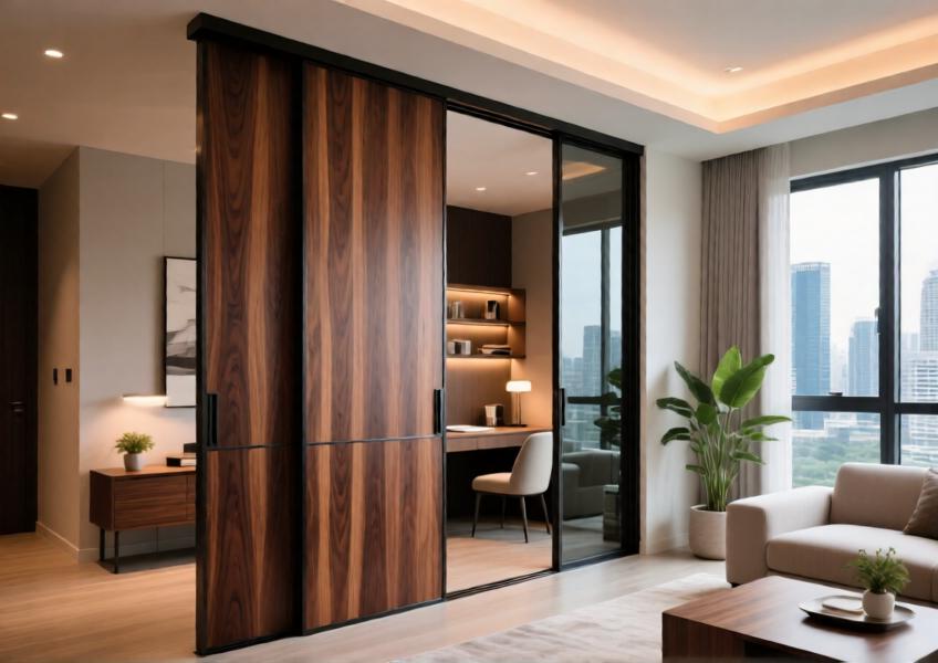 Residential interior using wood look aluminium for stylish, fire-resistant sliding partitions that enhance spatial flow and modern living.
