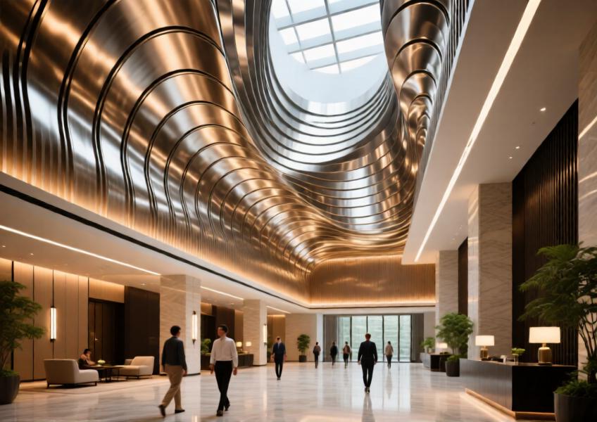A high-end interior space featuring artistically arranged aluminum ceiling panels in a luxury hotel, emphasizing design innovation and premium finishes.