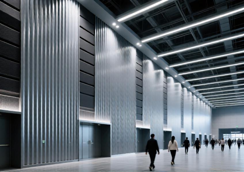 Interior application of corrugated aluminum panels in a commercial venue, combining modern design with acoustic functionality and durable finishes.