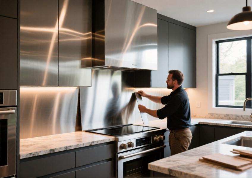 A luxury kitchen with a bespoke aluminum backsplash, illustrating the material’s use in high-end residential interiors and collaboration with local artisans.