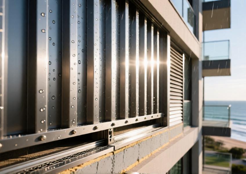 Detailed close-up of a metal panel rainscreen system on a luxury residence, illustrating moisture management, material layers, and performance in a coastal climate.