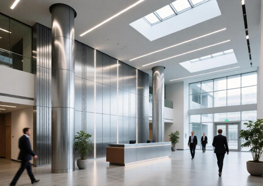 Interior application of standing seam aluminium cladding in a commercial lobby, showcasing its use in creating sophisticated, vertically oriented design elements.