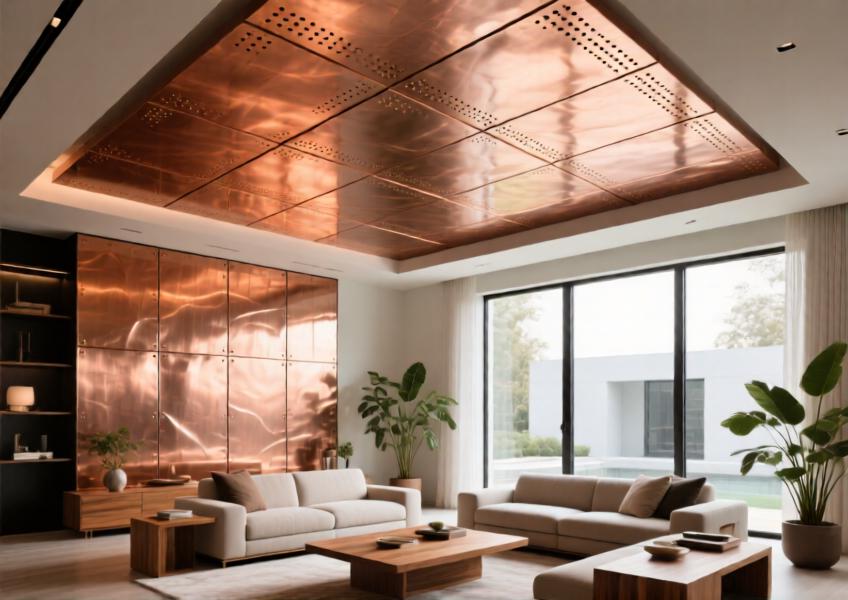 Luxury interior space with copper cladding panels used on the ceiling, demonstrating their aesthetic warmth and seamless integration into modern residential design.