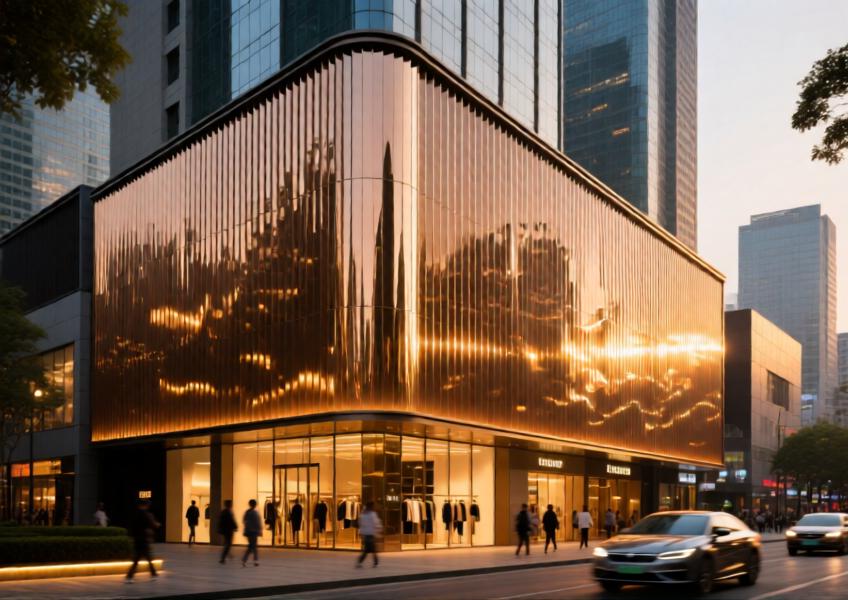 Bronze-finished corrugated aluminum panels on a retail façade creating a dynamic, reflective surface that blends artistry with architectural scale.