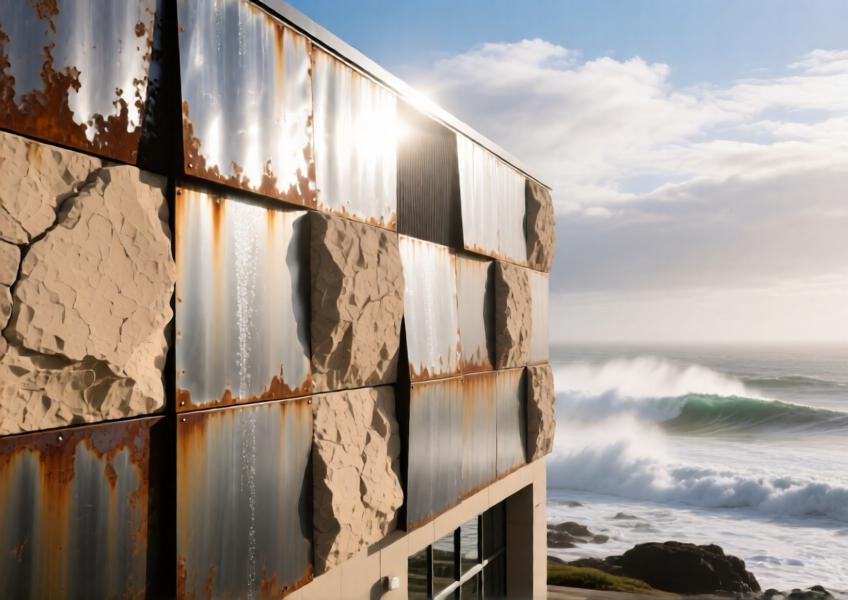 Detailed exterior view of durable metal wall panels on a coastal building, designed to withstand harsh marine environments.