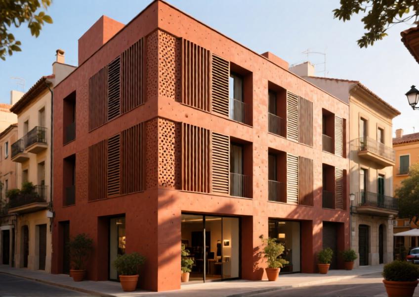 A residential building in Barcelona using terracotta louvers in a rainscreen cladding system for aesthetic warmth and functional shading.